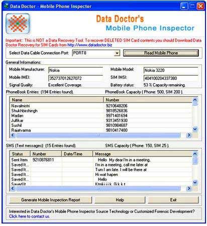 Screenshot of Mobile Phone Inspector Program